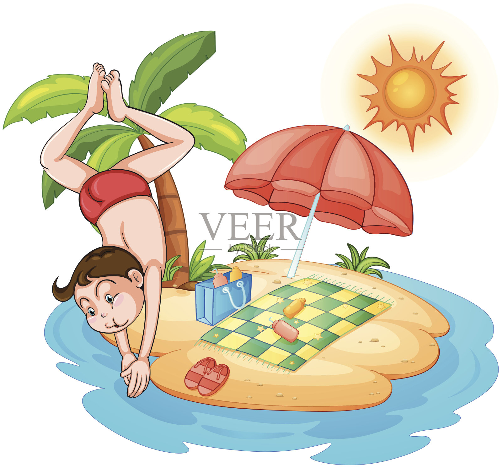 男孩在海滩上潜水插画图片素材