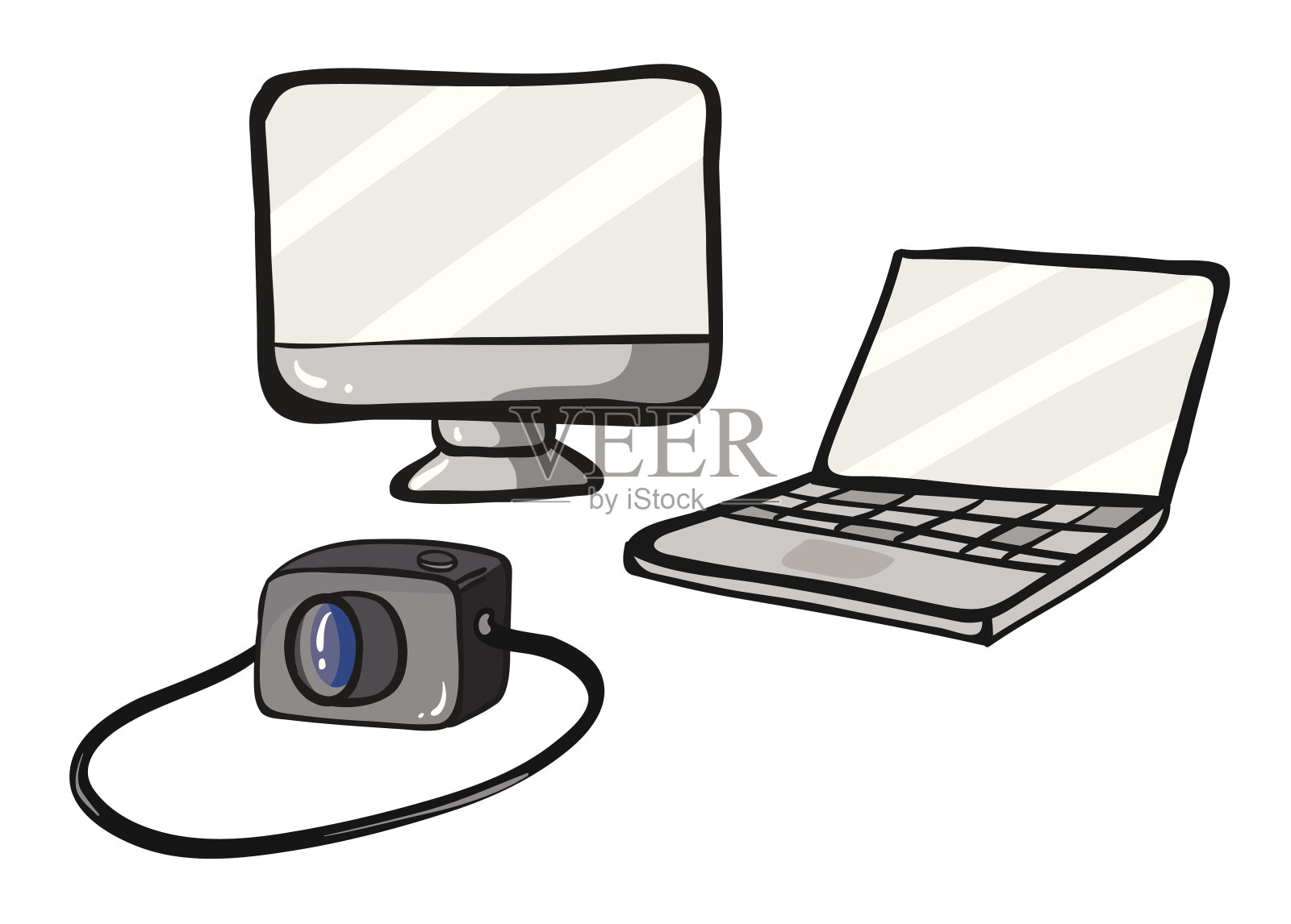 电脑、笔记本电脑和照相机插画图片素材