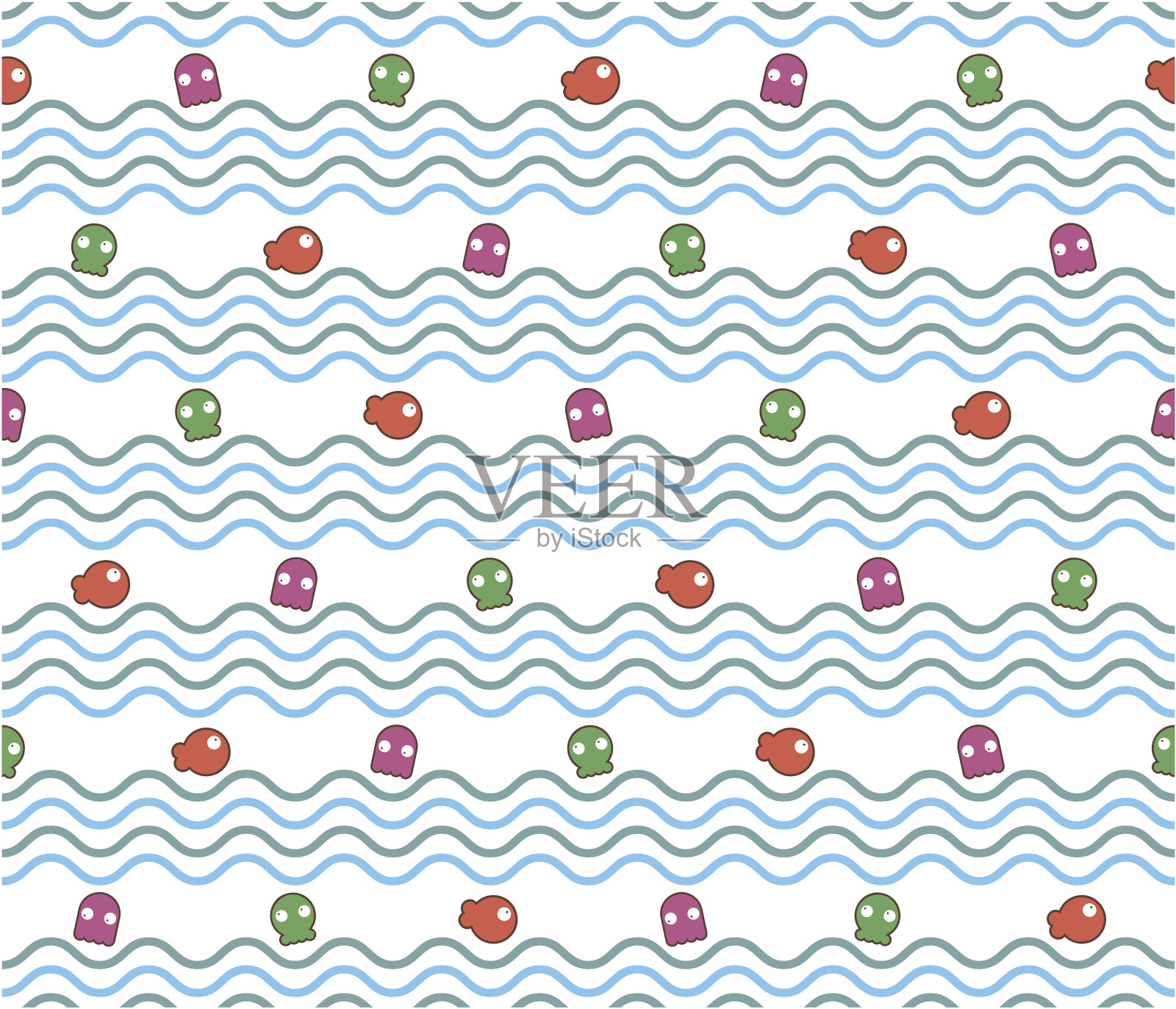 无缝海浪模式与鱼和章鱼设计元素图片