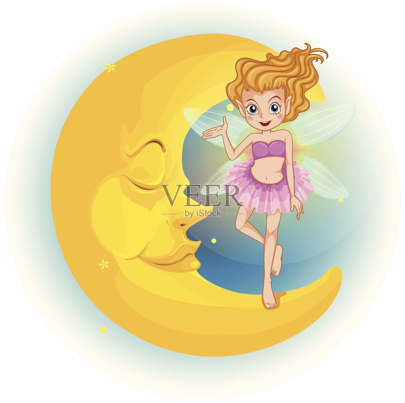 仙女站在沉睡的半月形月亮上设计元素图片