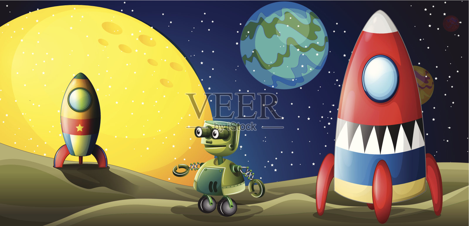 外太空有两架飞机和一个机器人插画图片素材