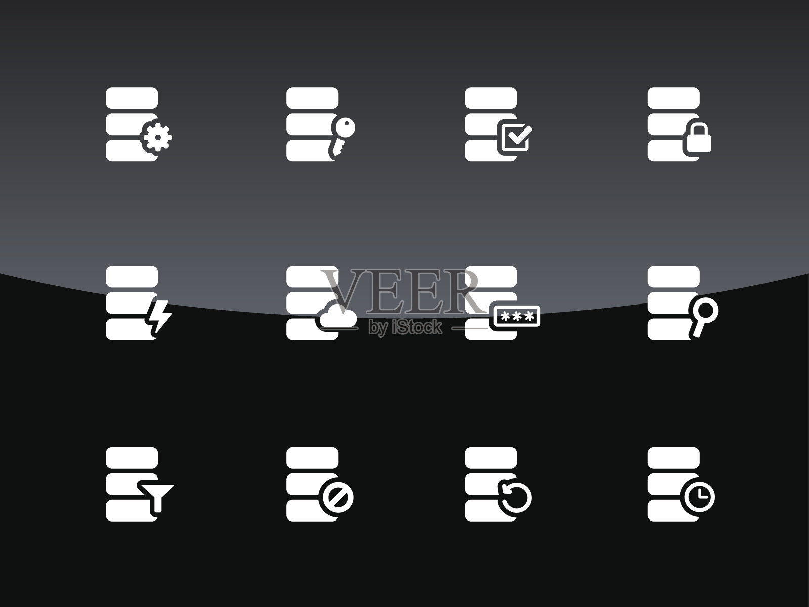 黑色背景上的数据库图标。图标素材