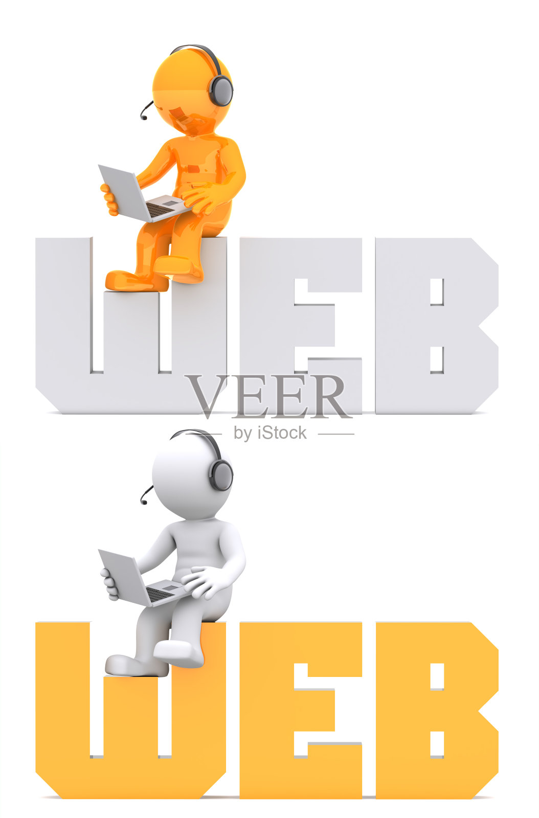 3d字符坐在WEB域名标志。照片摄影图片