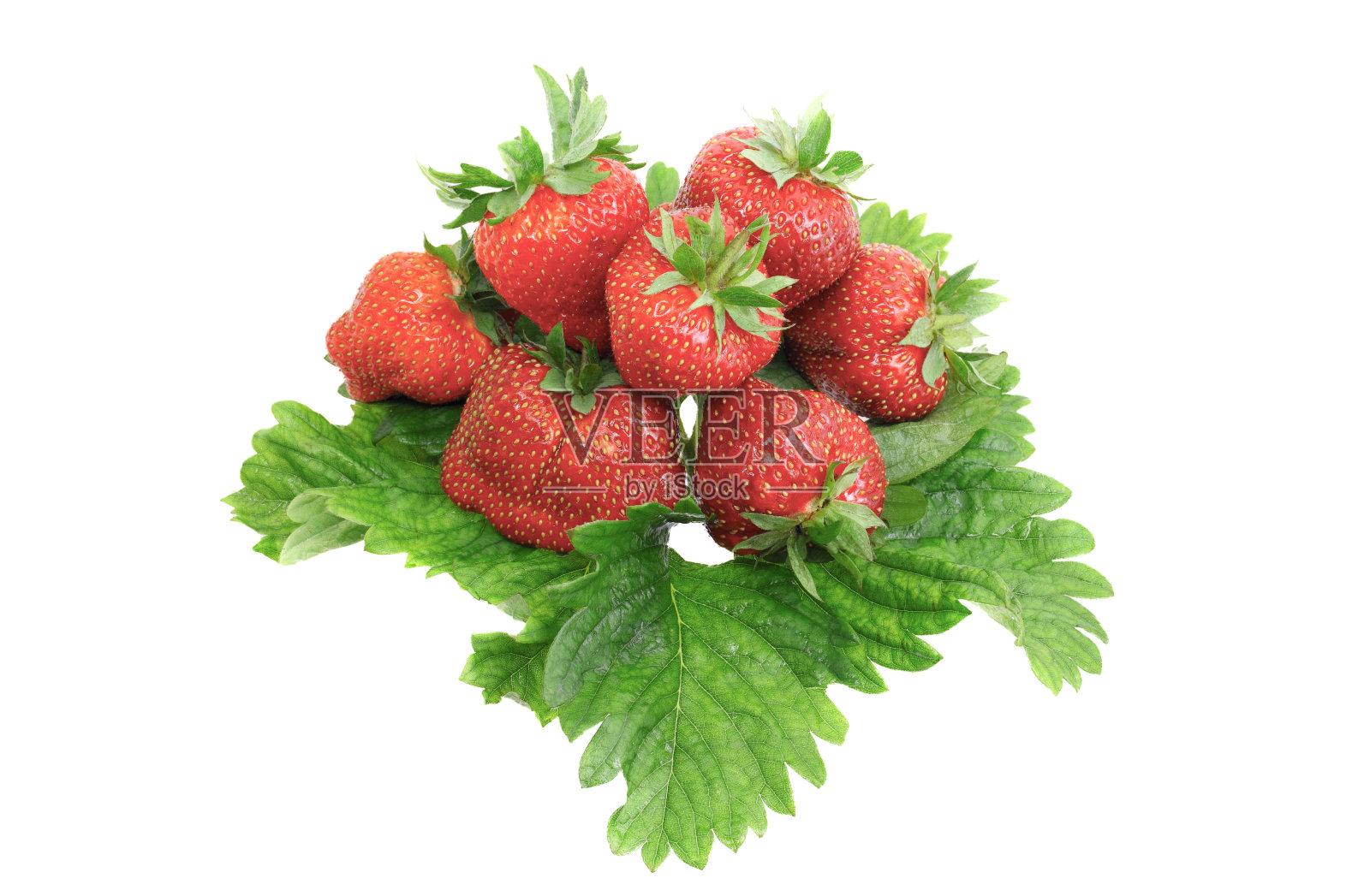 一堆新鲜的草莓放在白色的上面。孤立的照片摄影图片