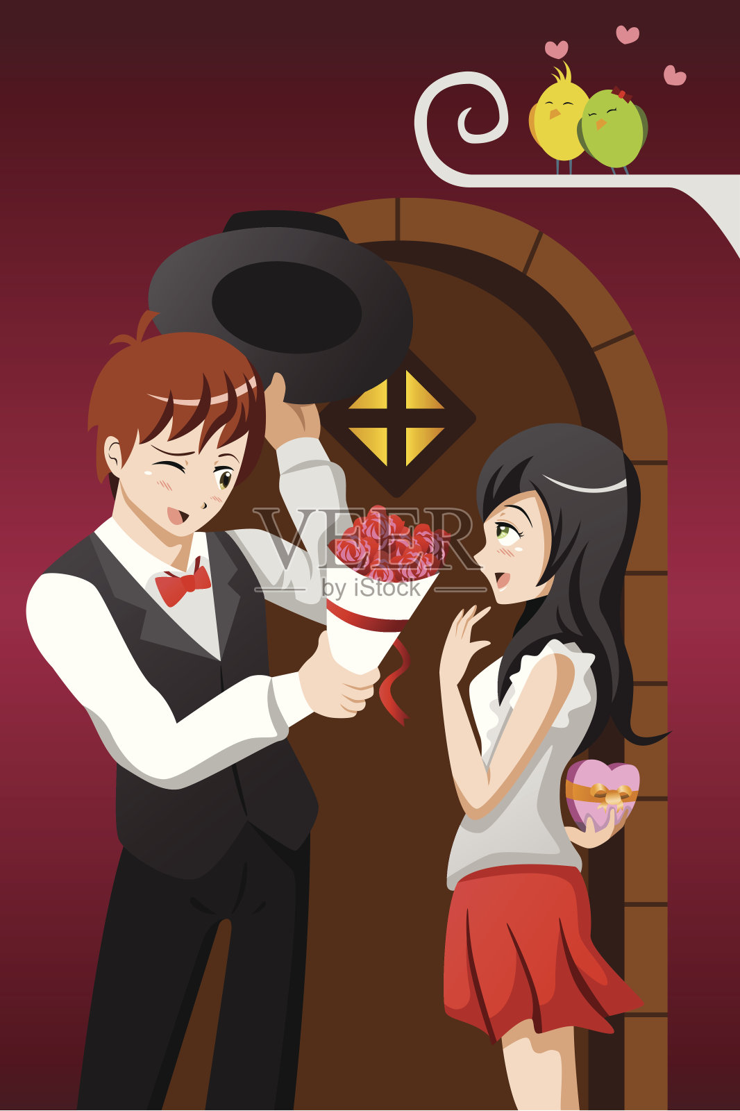 男人在情人节送女友鲜花插画图片素材