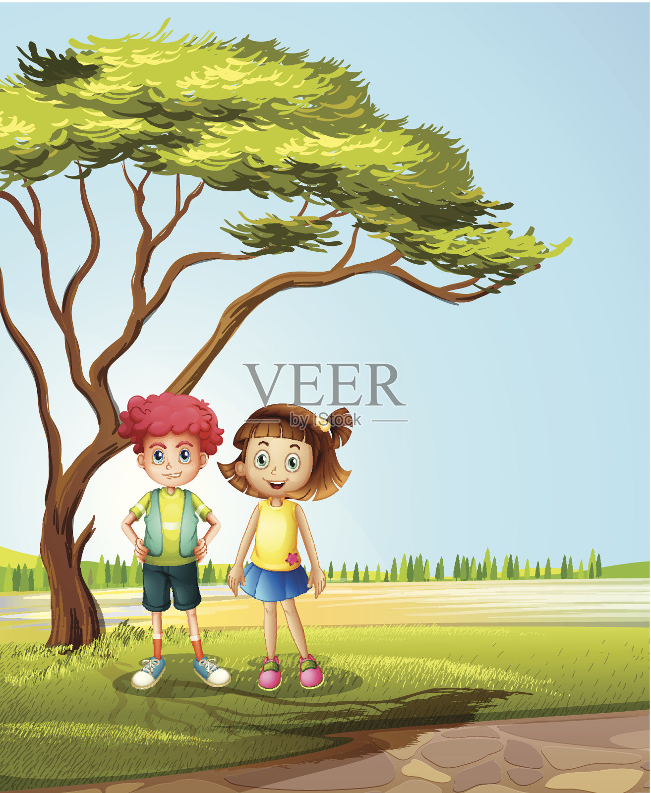 一个女孩和一个男孩在大树旁插画图片素材