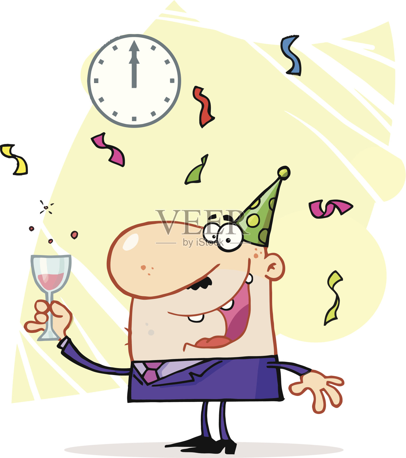 一个人拿着一个瓶子,背景和时钟插画图片素材