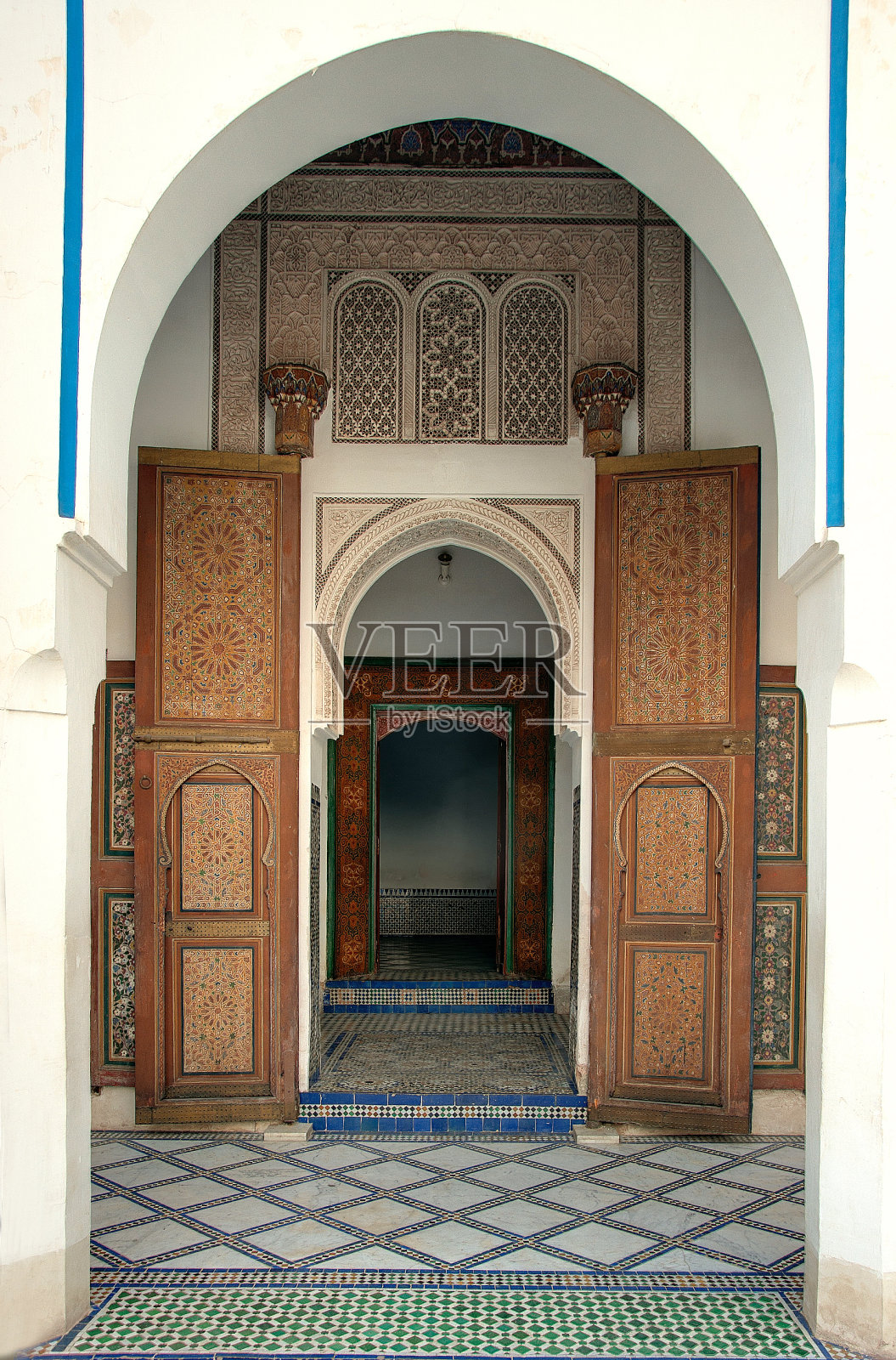 巴伊亚宫入口,马拉喀什,摩洛哥照片摄影图片