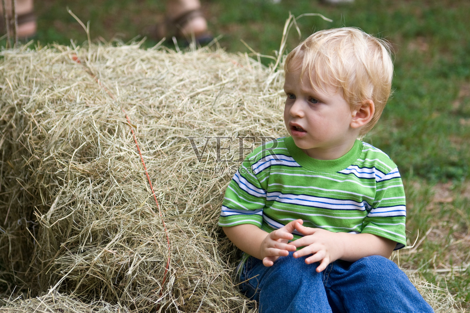 可爱的金发男孩坐在稻草捆上照片摄影图片