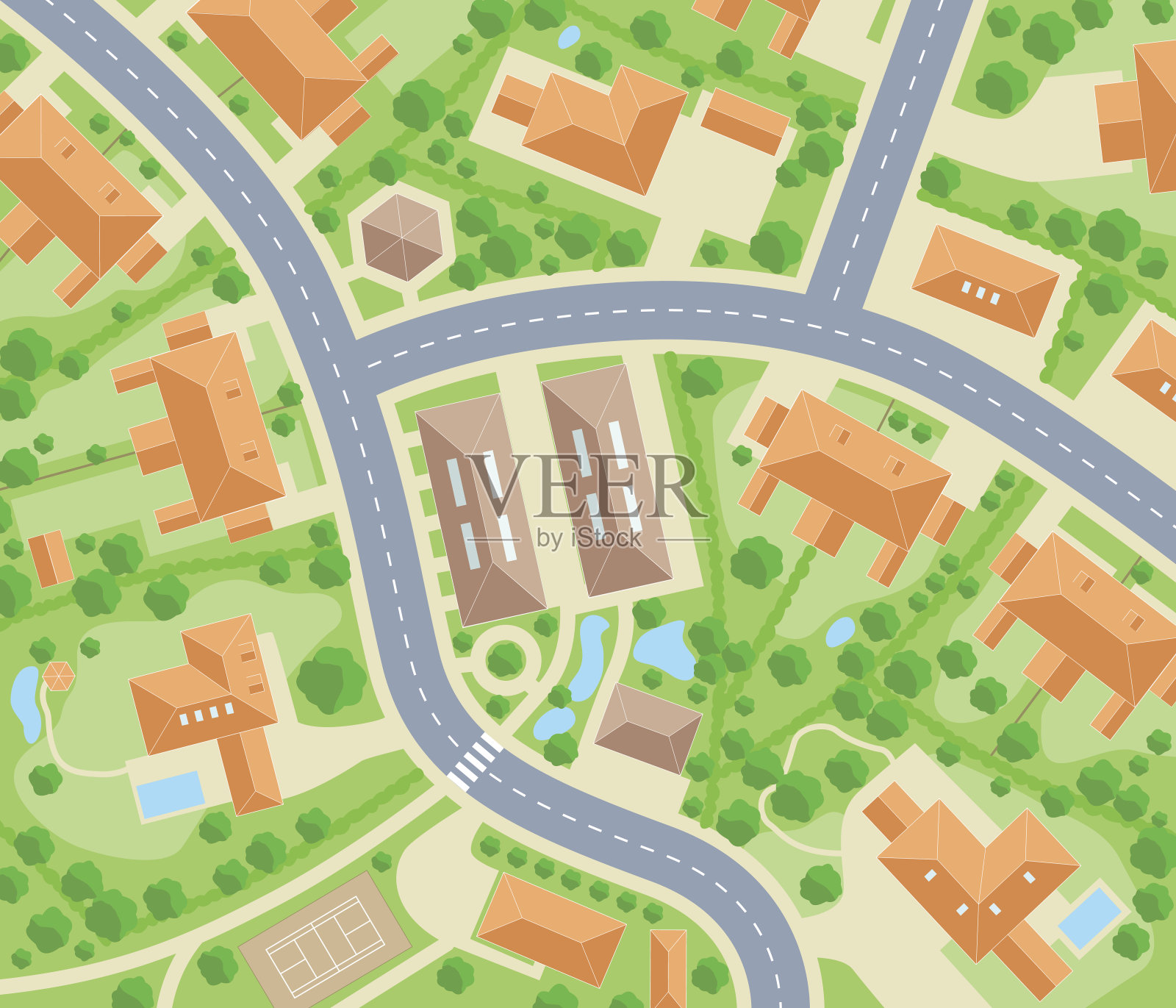 社区道路和房屋矢量鸟瞰图插画图片素材