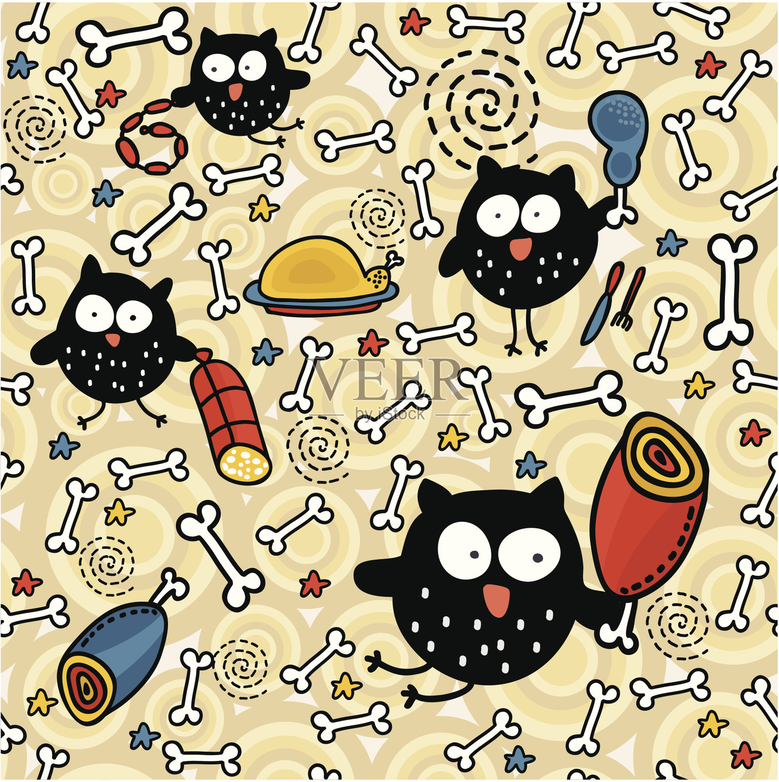 无缝模式与肉和猫头鹰。插画图片素材