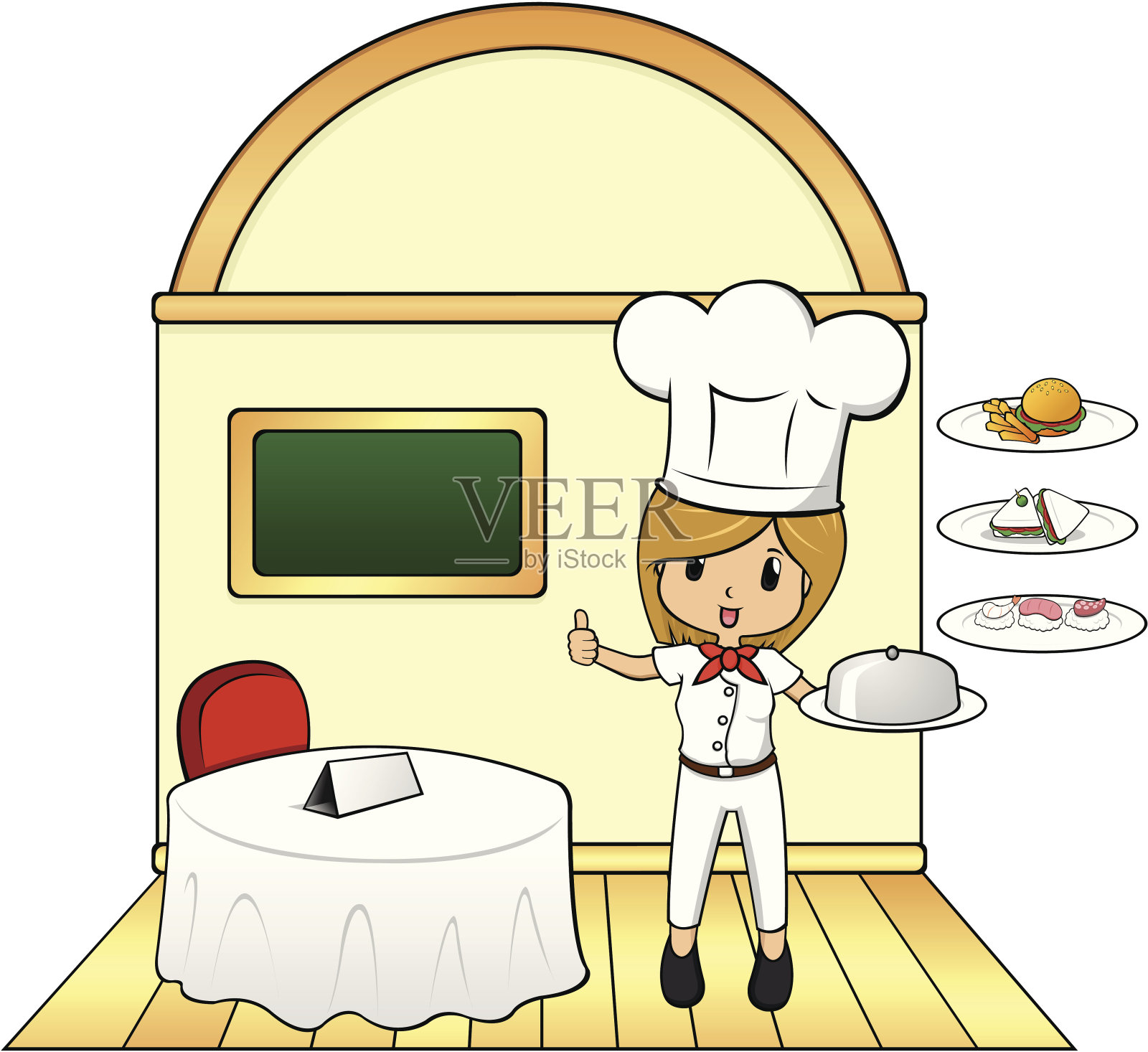 厨师在餐厅提供食物插画图片素材