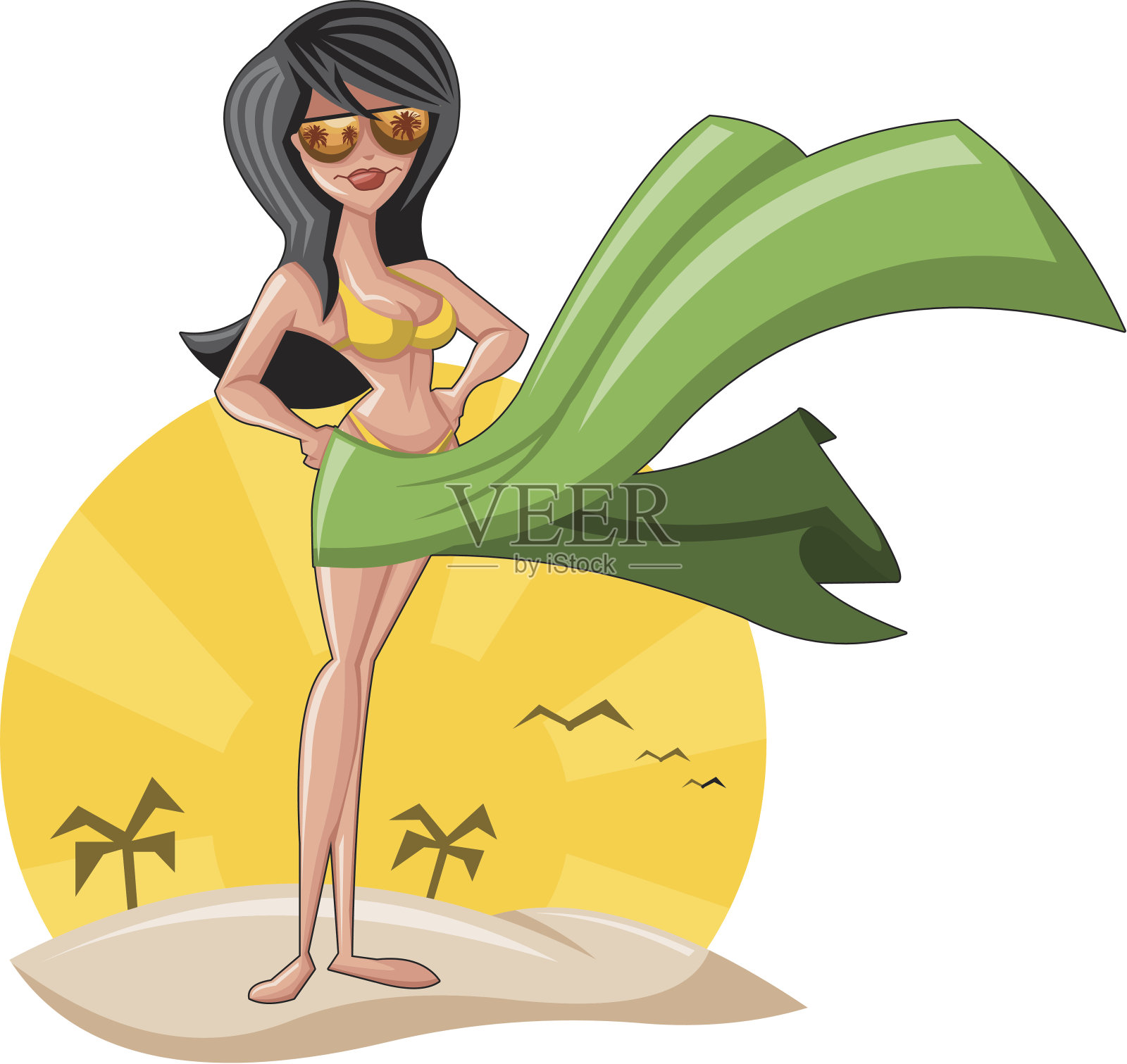 穿着比基尼的卡通女孩。插画图片素材