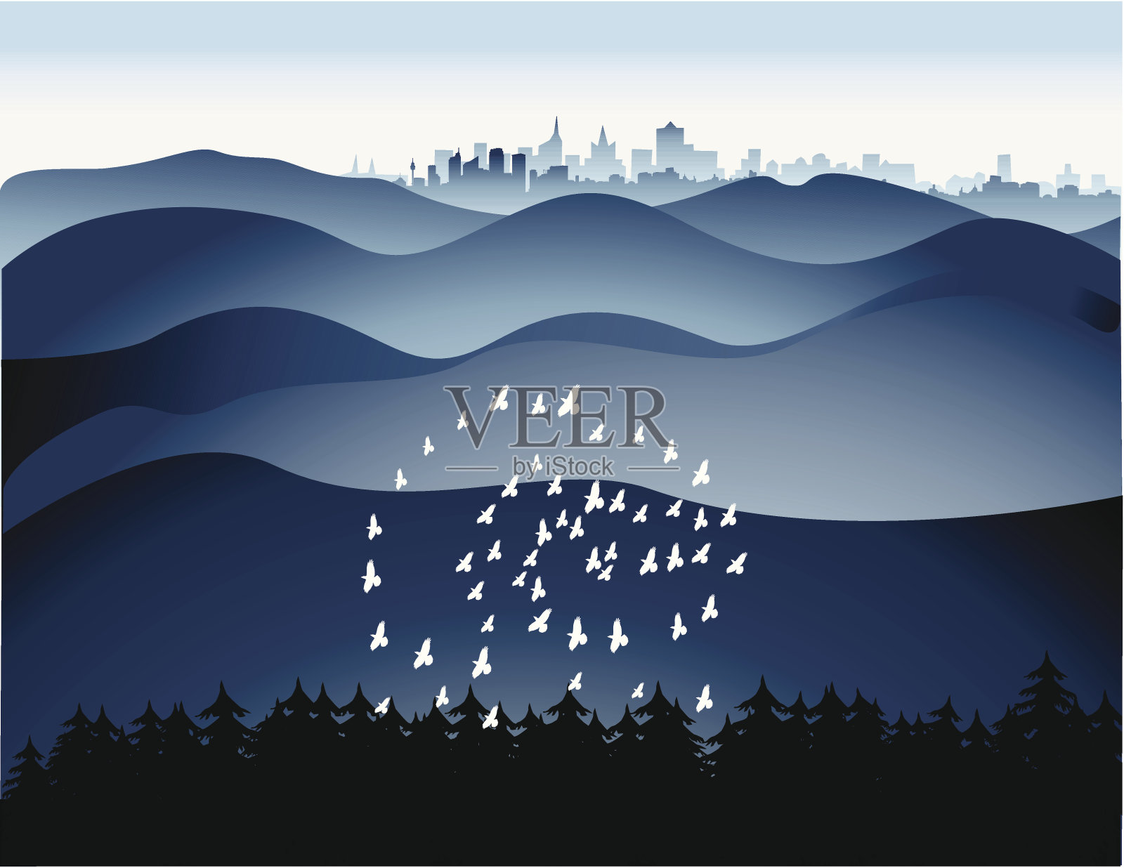 遥远的城市景观与鸟类插画图片素材