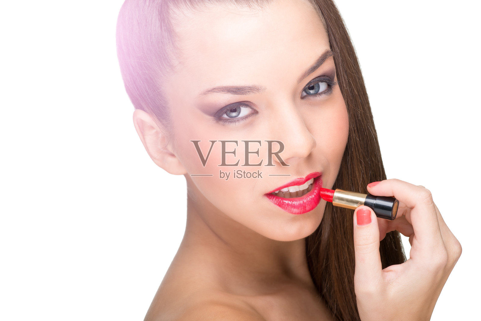 用红胭脂涂皮肤的漂亮女人照片摄影图片