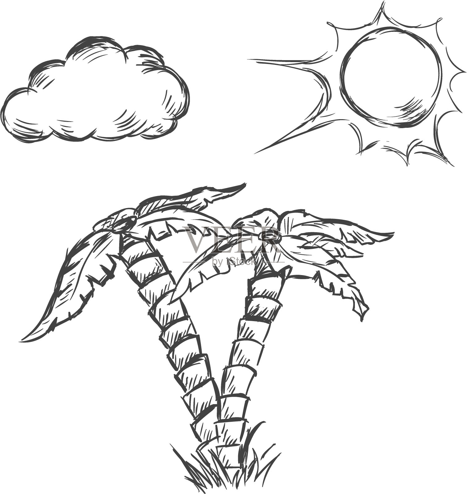 矢量草图插图-两棵棕榈树,太阳和云插画图片素材