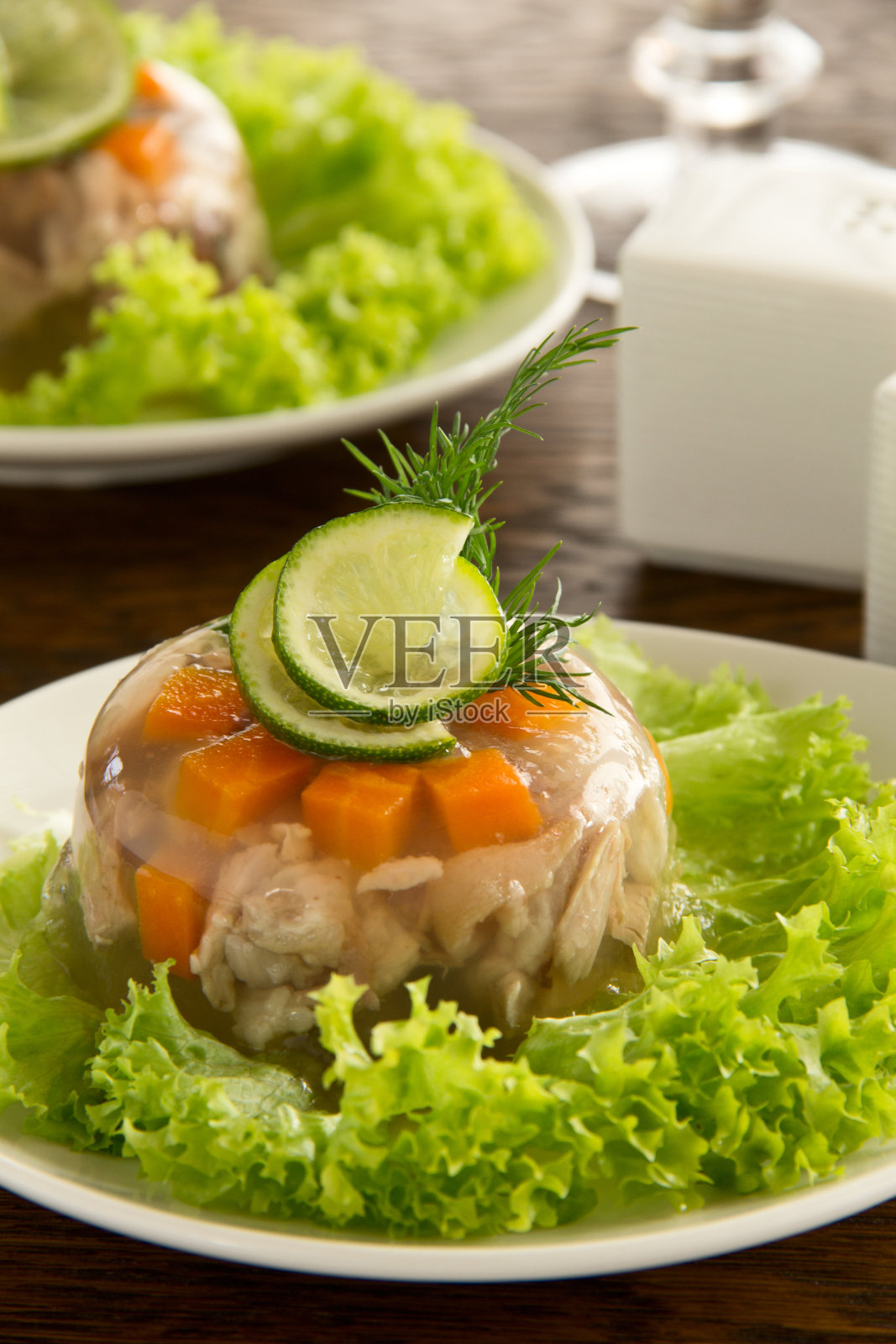 肉冻配蔬菜和酱汁。照片摄影图片