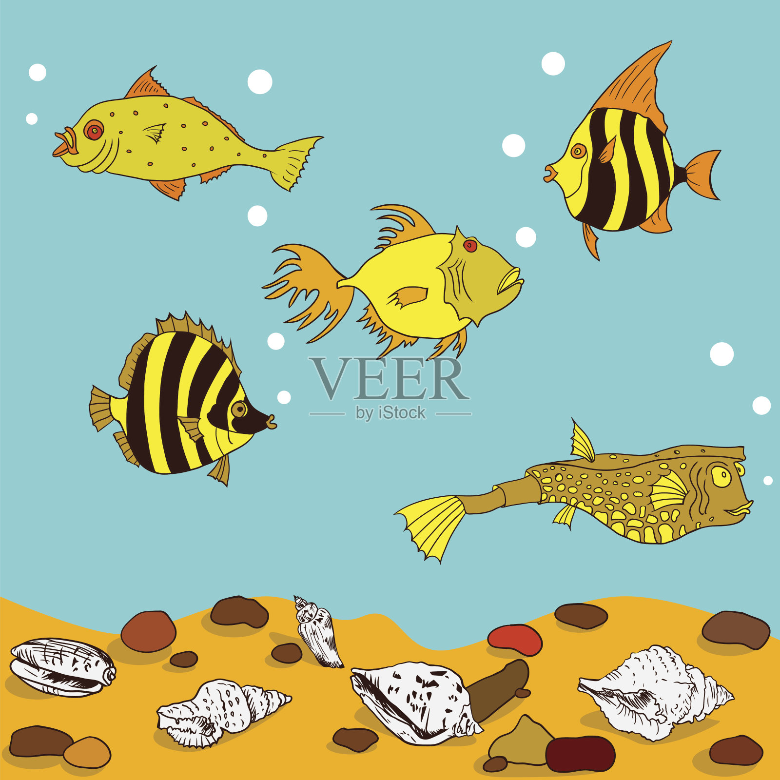 卡通鱼在水与沙子,石头和贝壳插画图片素材
