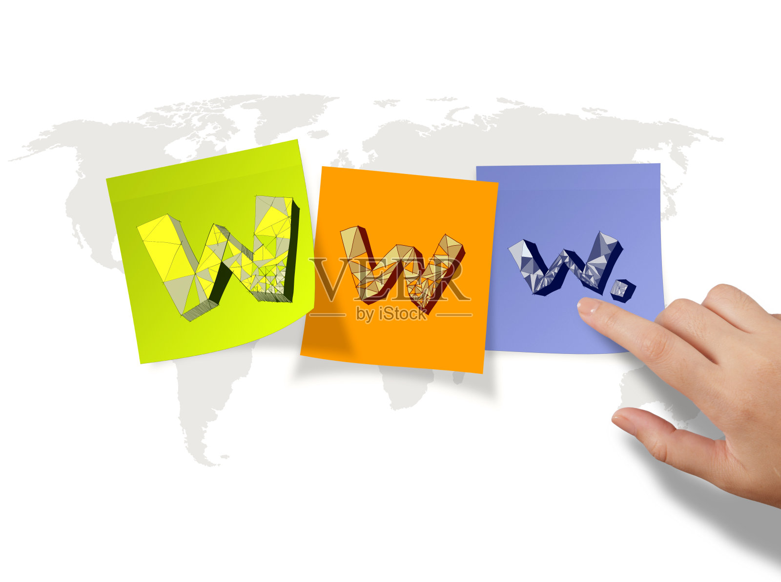 手绘WWW。在便利贴和世界地图背景照片摄影图片