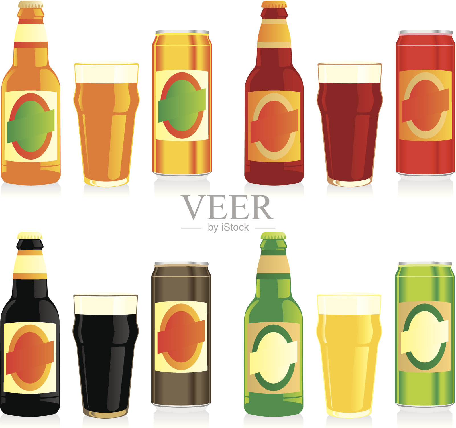 分离不同的啤酒瓶、罐和玻璃杯插画图片素材