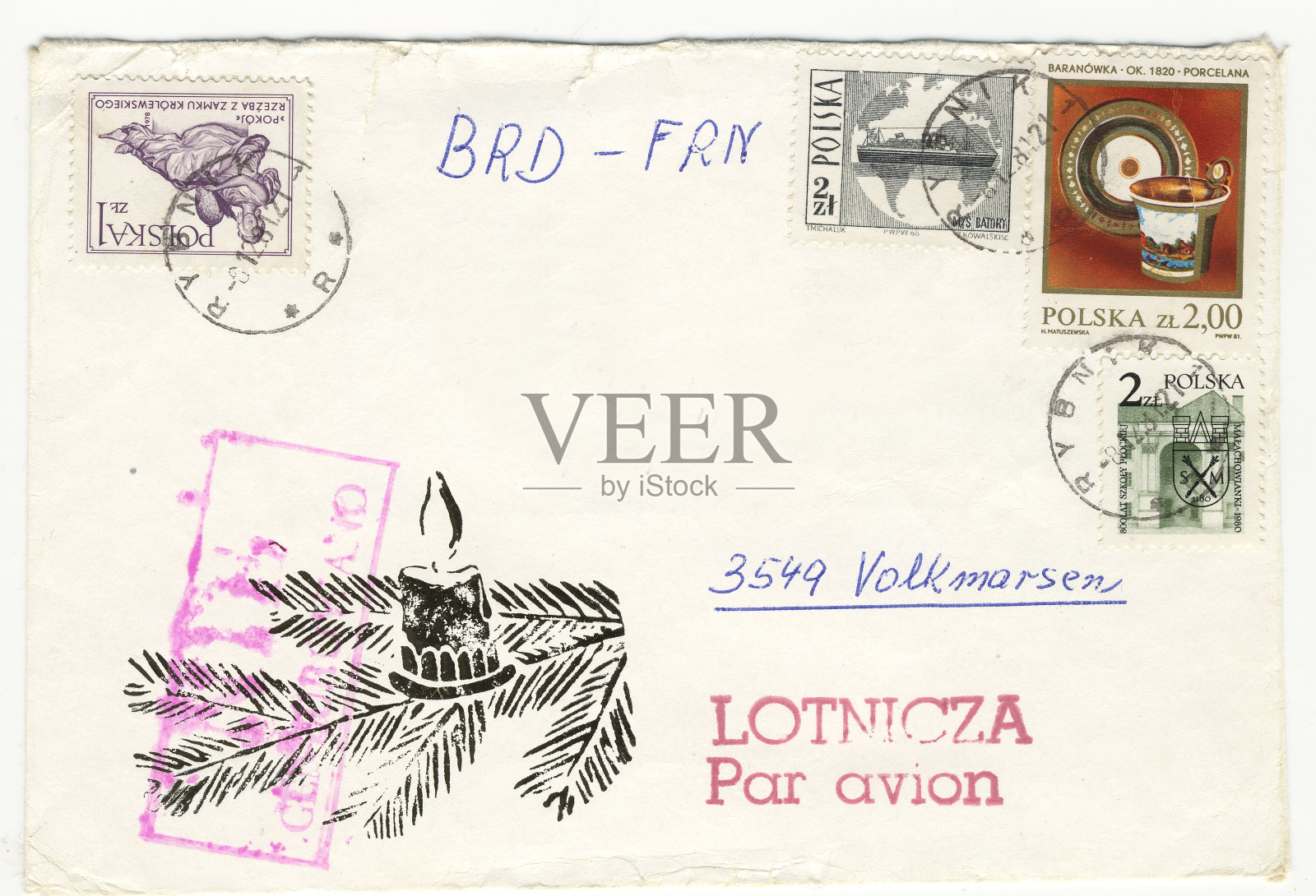 来自波兰的又老又脏的圣诞航空信封照片摄影图片