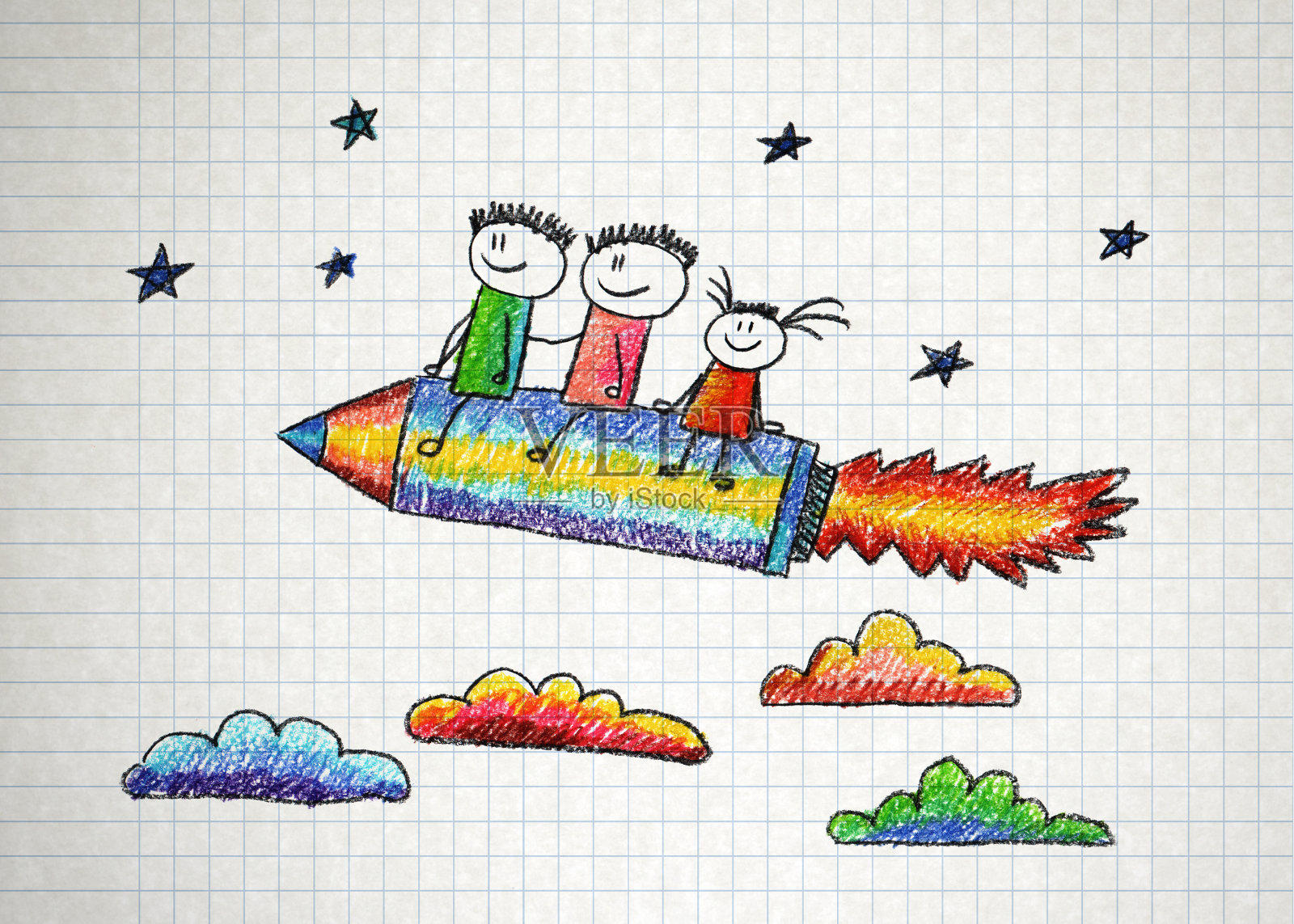 孩子们拿着铅笔火箭,非常开心插画图片素材
