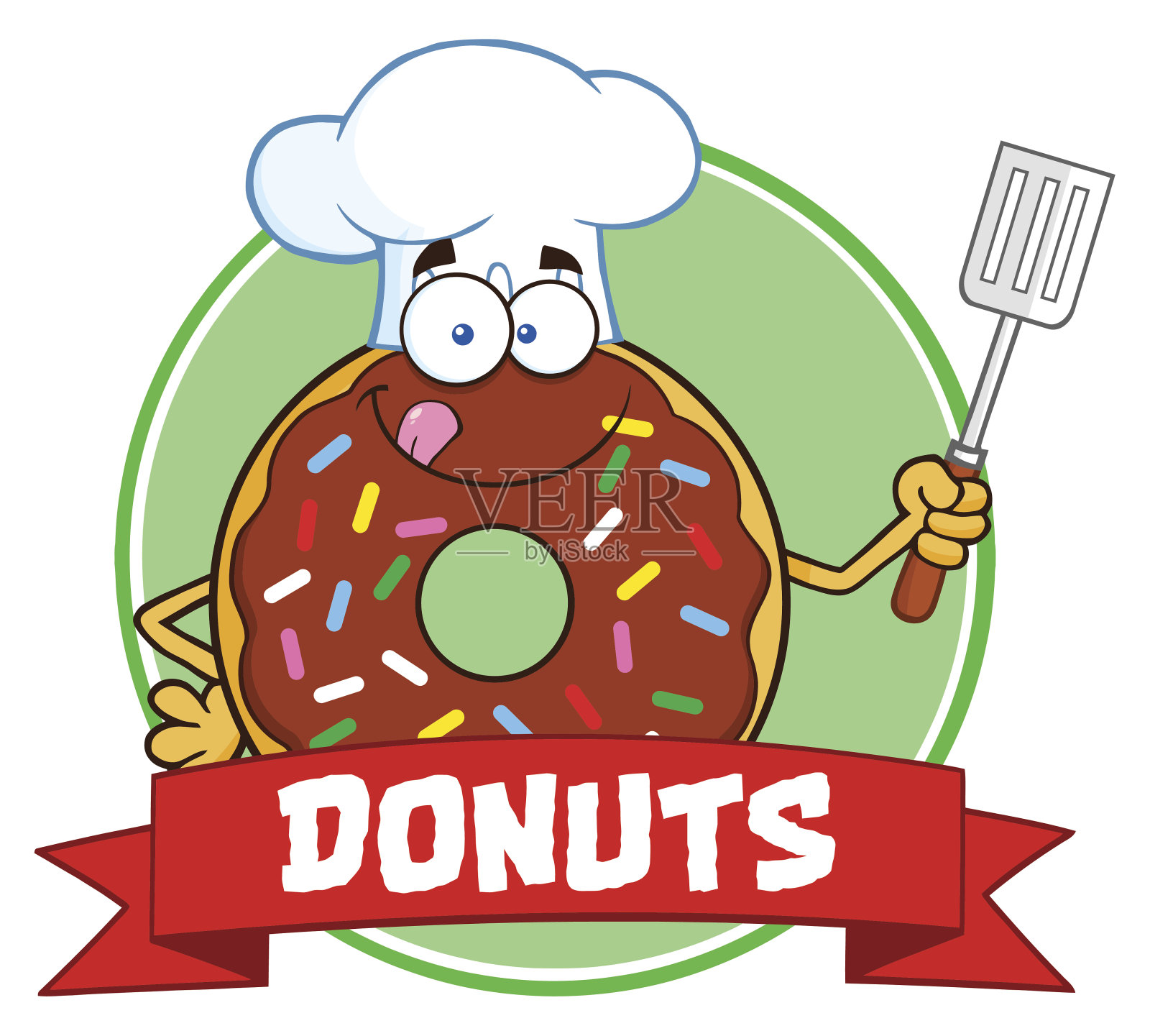 拿着抹刀和文字的巧克力甜甜圈插画图片素材