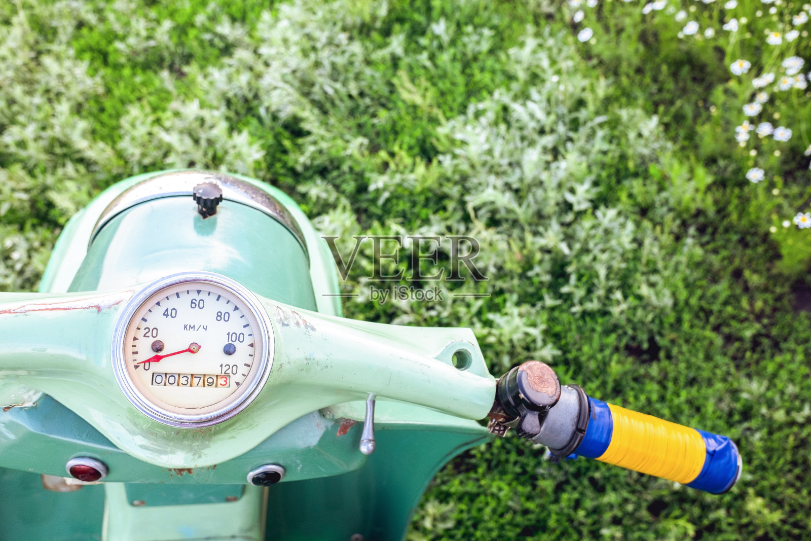 草地上的绿色老式摩托车照片摄影图片