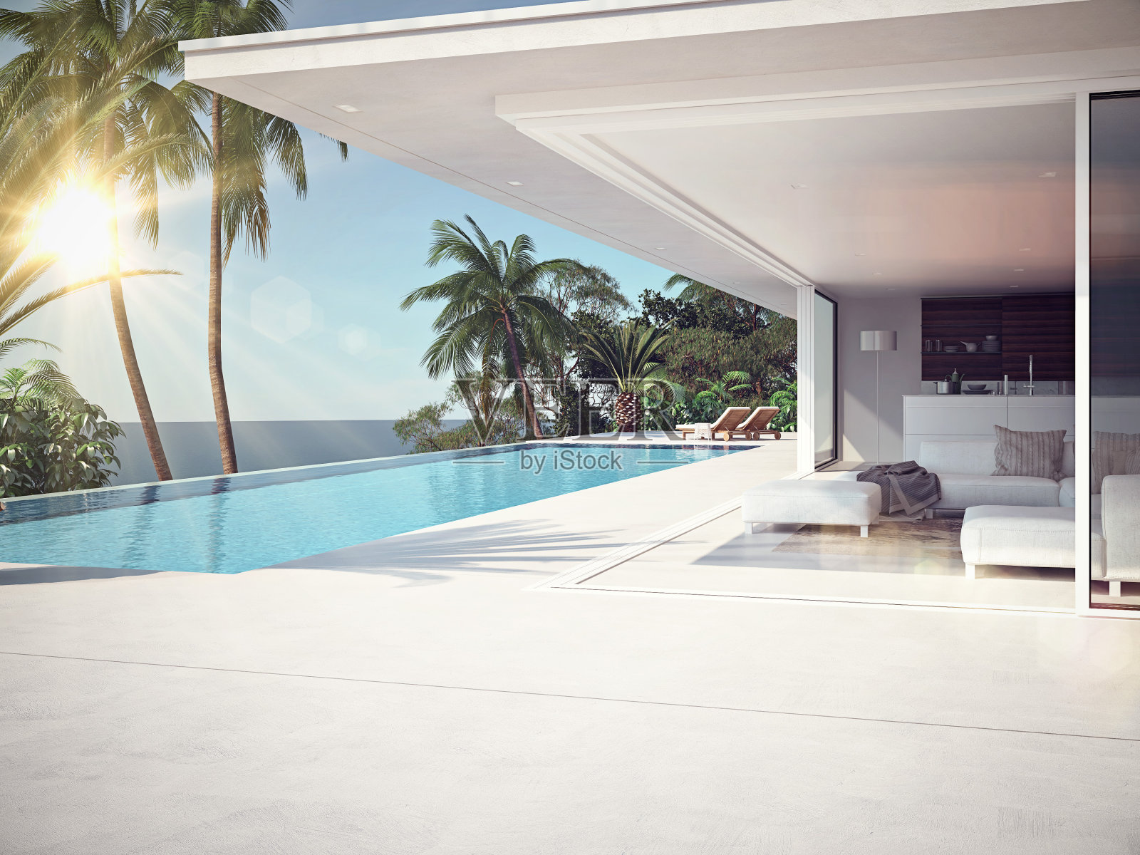 豪华游泳池和蓝色的水。三维渲染照片摄影图片