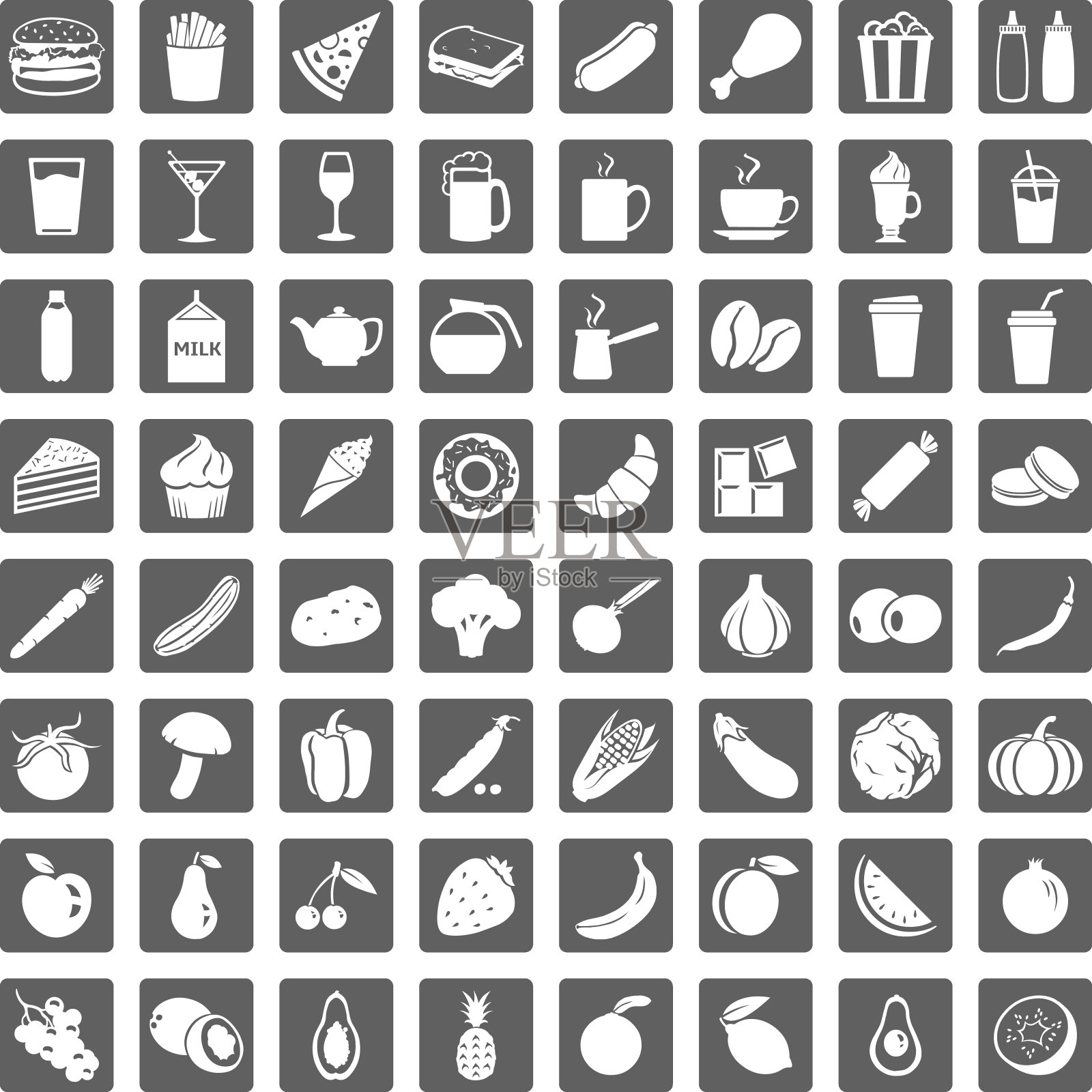 一套64个简单的白色灰色食物图标图标素材