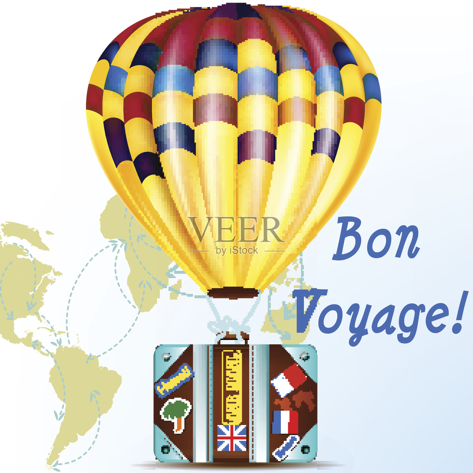 矢量背景与气球和手提箱度假符号插画图片素材