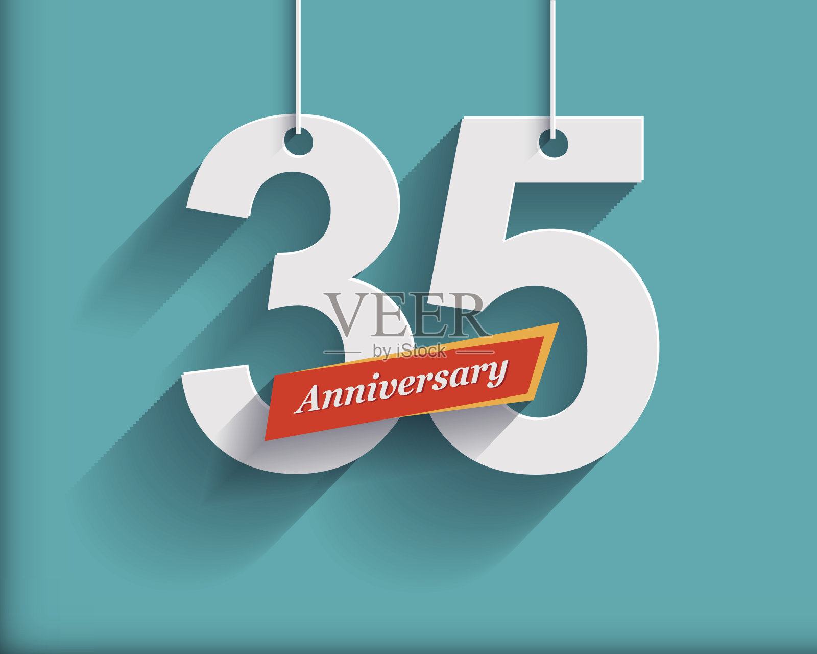 带丝带的35周年纪念号码。平折纸风格用长插画图片素材