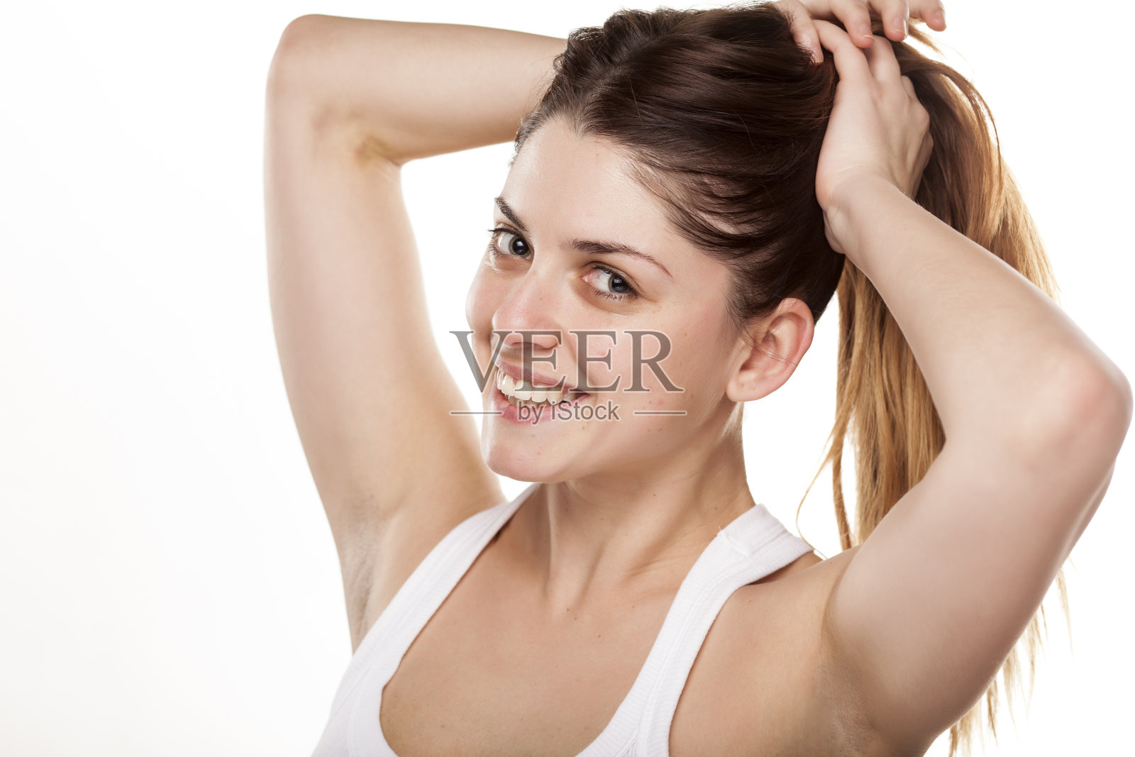 白底上的快乐年轻女子照片摄影图片