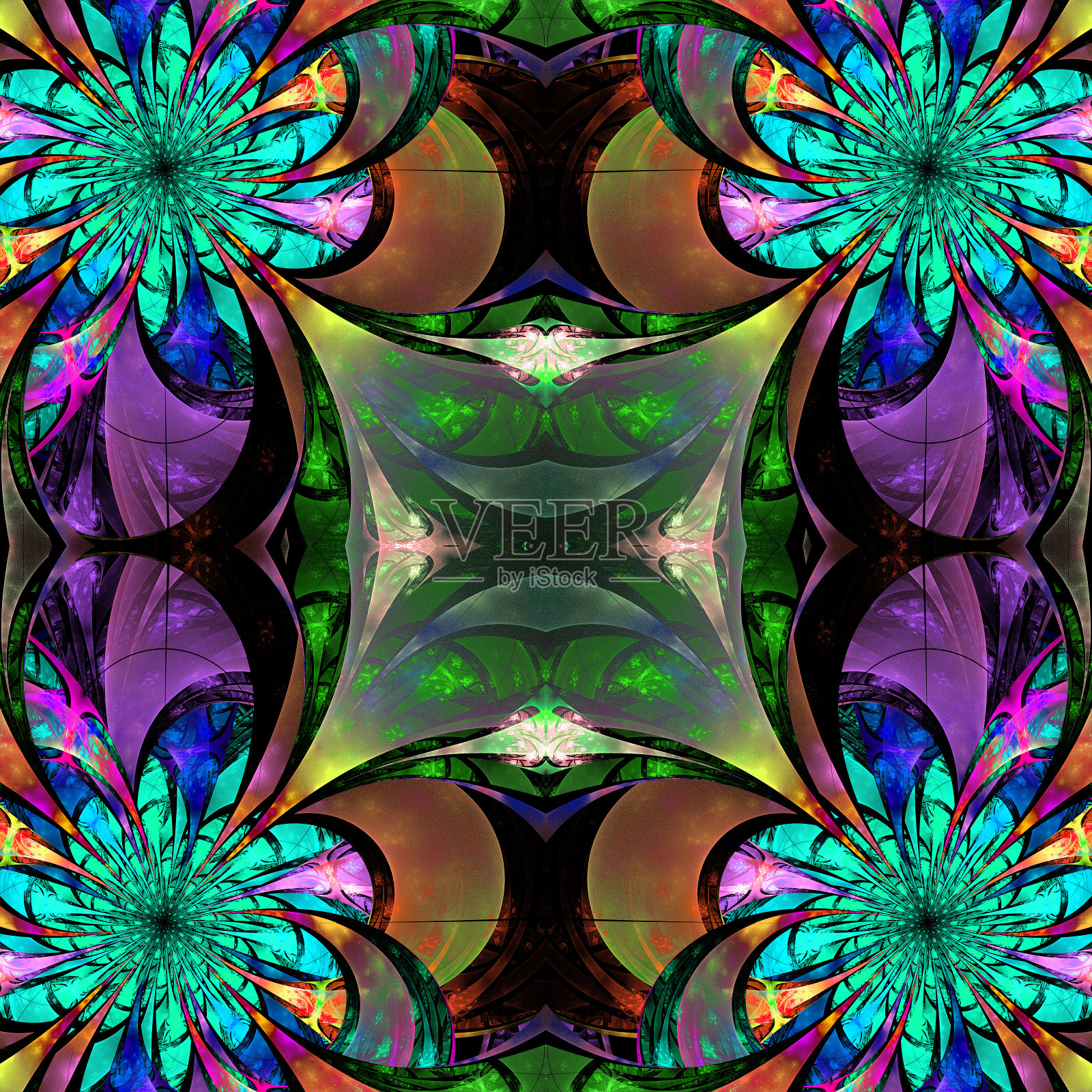 分形花朵图案:蓝色、紫色和棕色插画图片素材