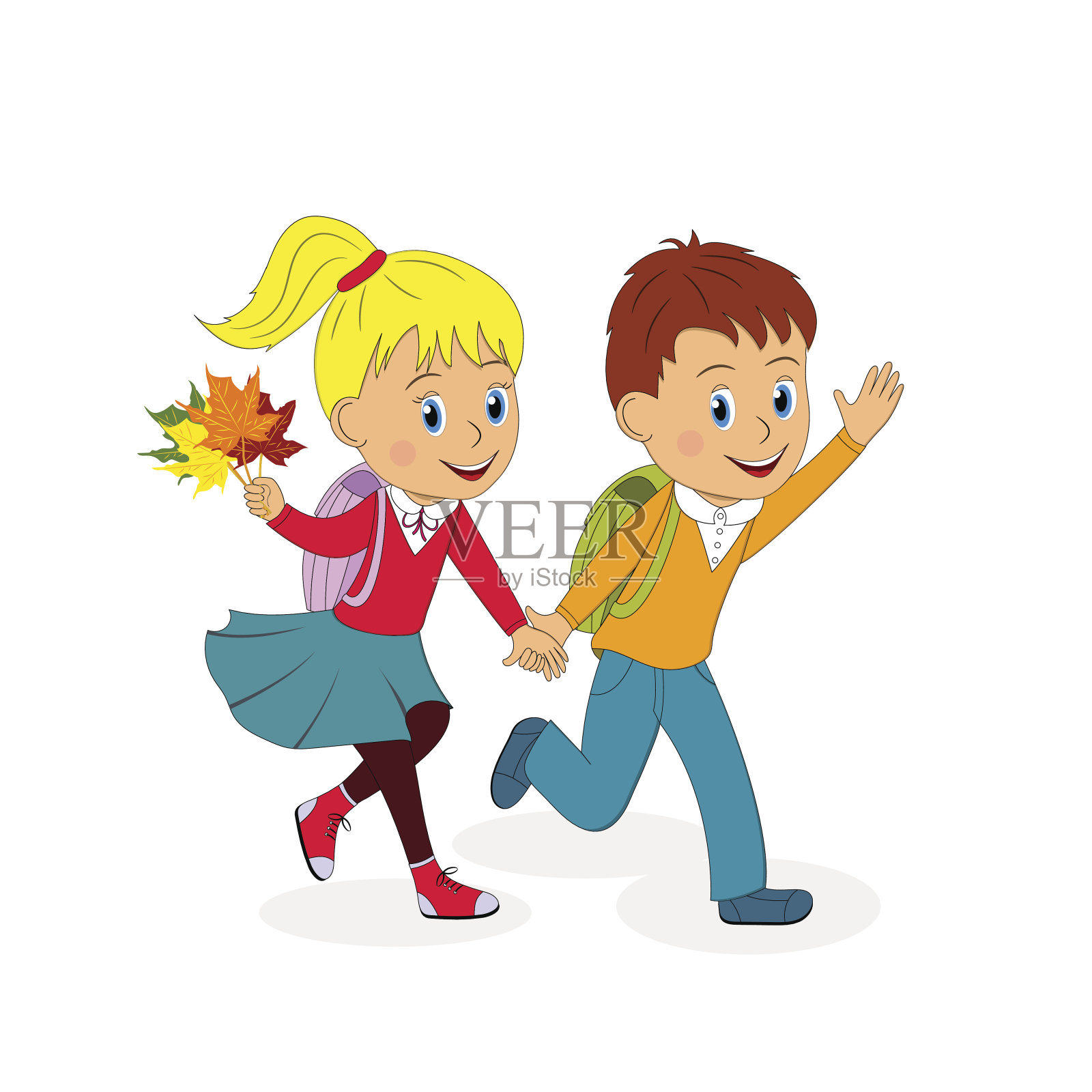 回到学校。男孩和女孩在跑步插画图片素材