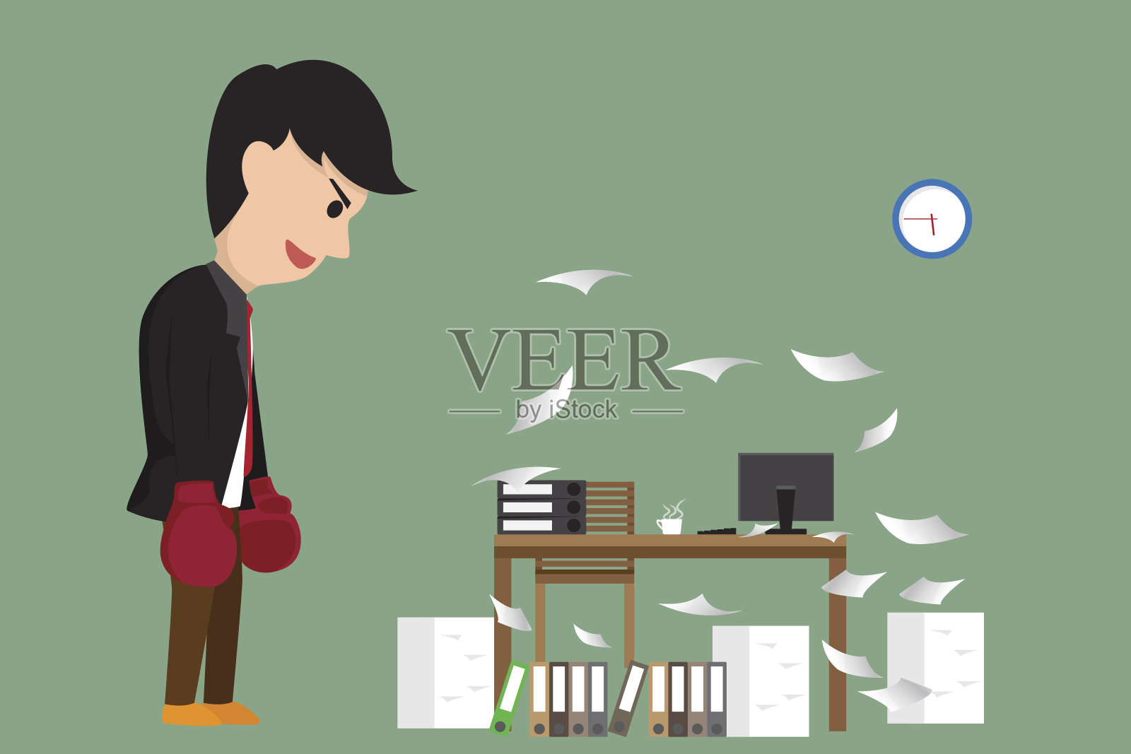 卡通商人戴着拳击手套看着他的桌子插画图片素材