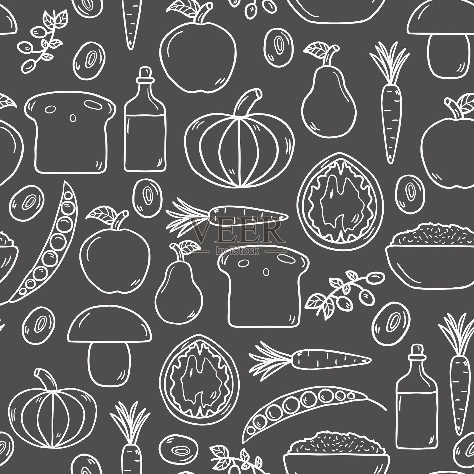 现代无缝矢量背景与对象在可爱的卡通手插画图片素材