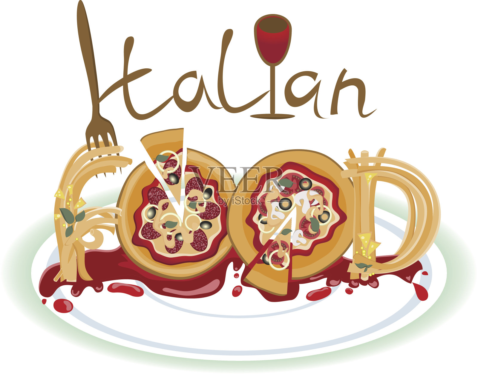 意大利食物的形象是披萨和意大利细面条。插画图片素材