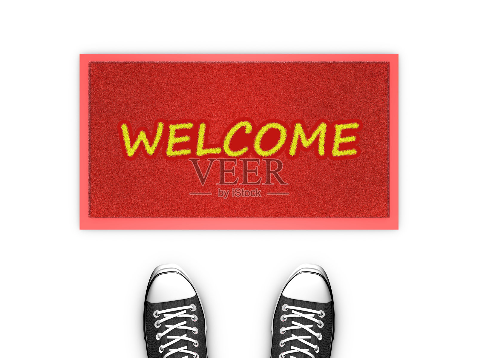 鞋子前面有一张欢迎的红色门地图。照片摄影图片