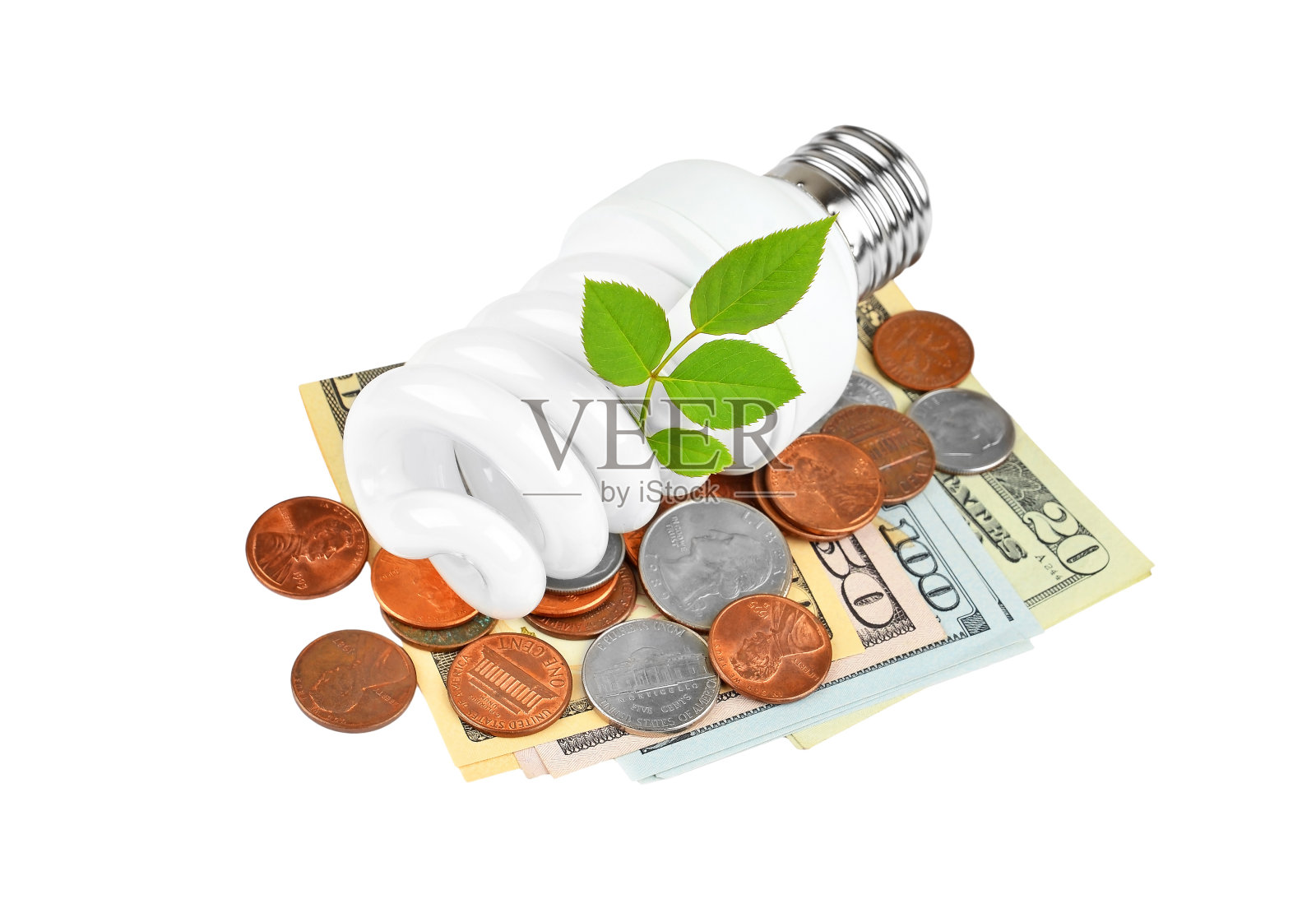 节能灯泡,钱和植物照片摄影图片