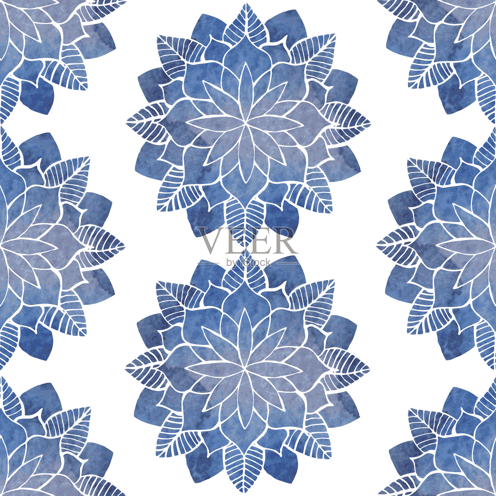 无缝图案与手绘水彩蓝色花朵插画图片素材