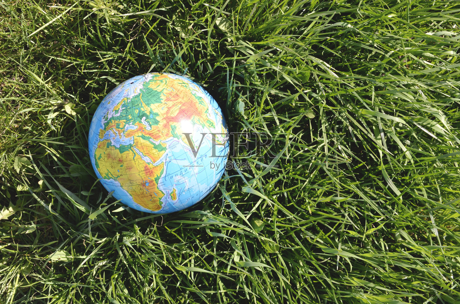 地球躺在绿草地上。概念-地球日。照片摄影图片