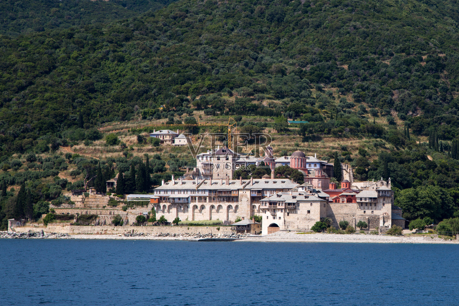 希腊阿陀斯山色诺芬托斯修道院的海景照片摄影图片