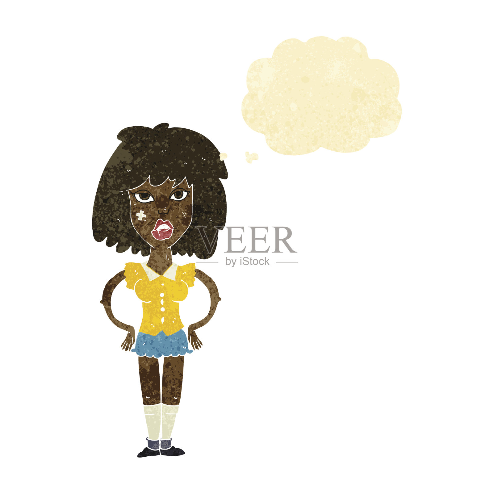 卡通女人一直在与思想泡泡斗争插画图片素材