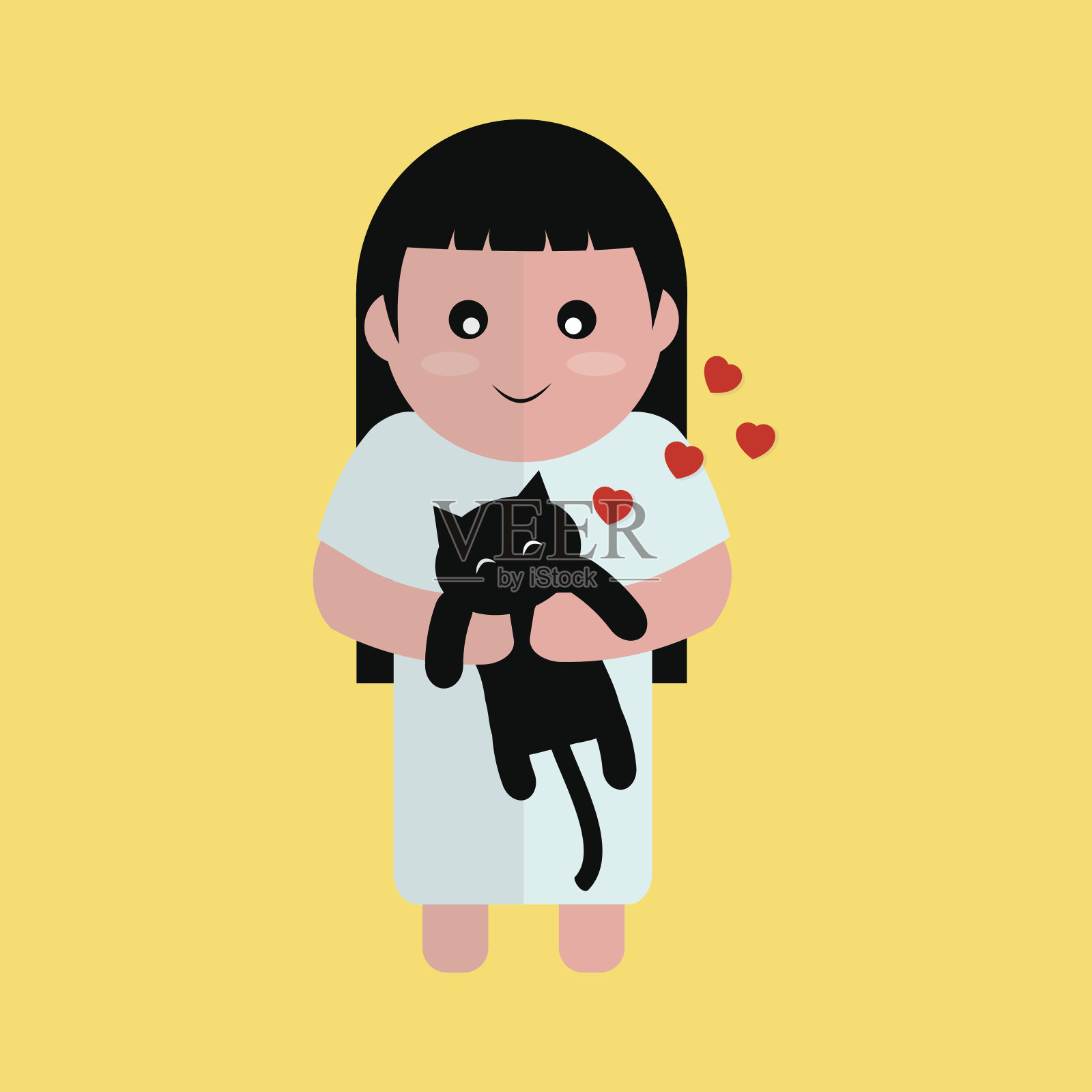女孩抱着黑猫。插画图片素材