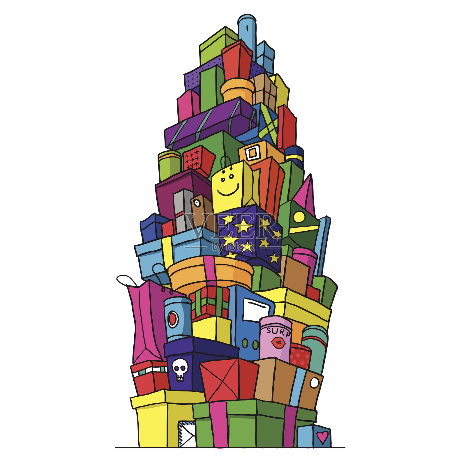 堆积如山的礼物。向量涂鸦的颜色插画图片素材