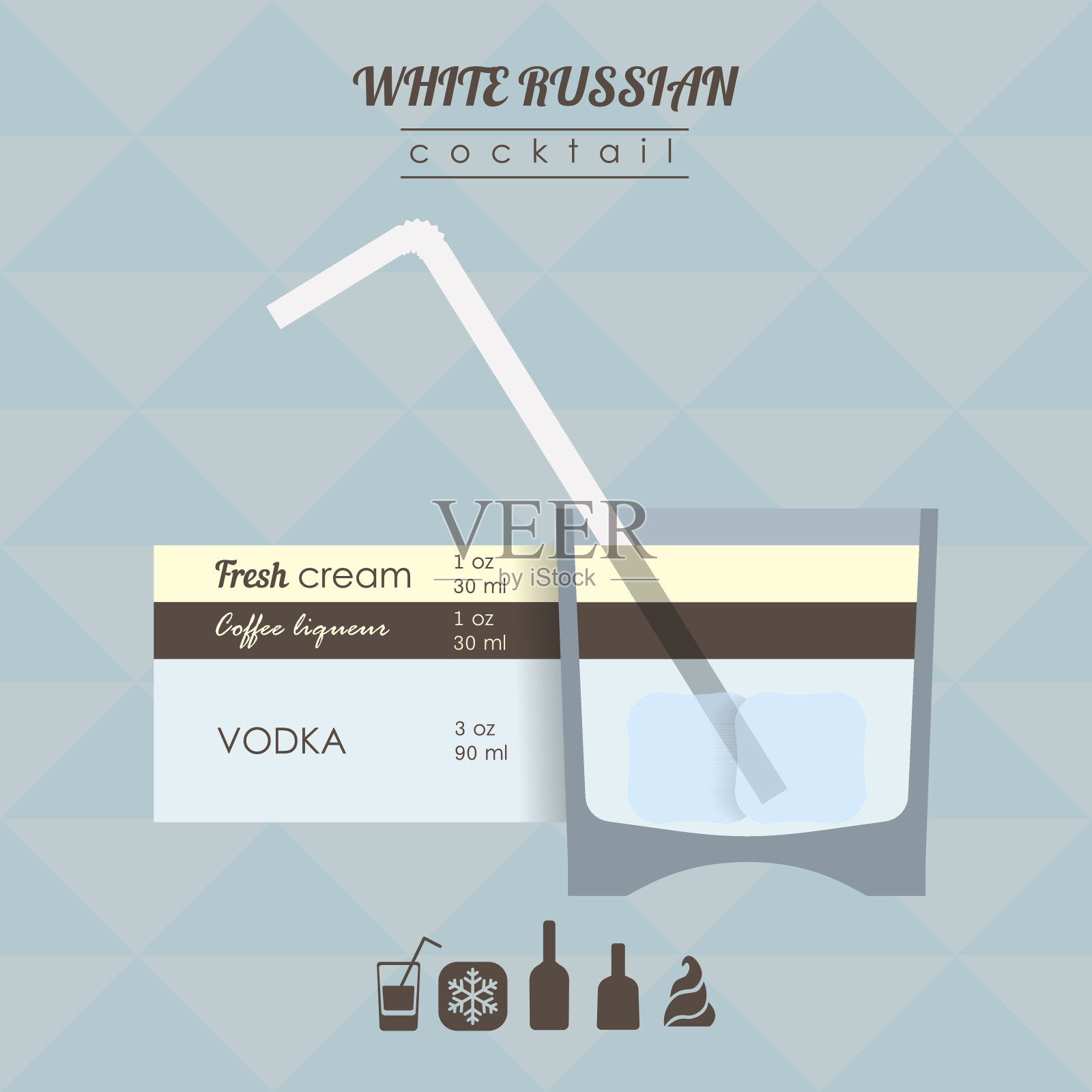 白色俄罗斯鸡尾酒平面风格插图与图标的re插画图片素材