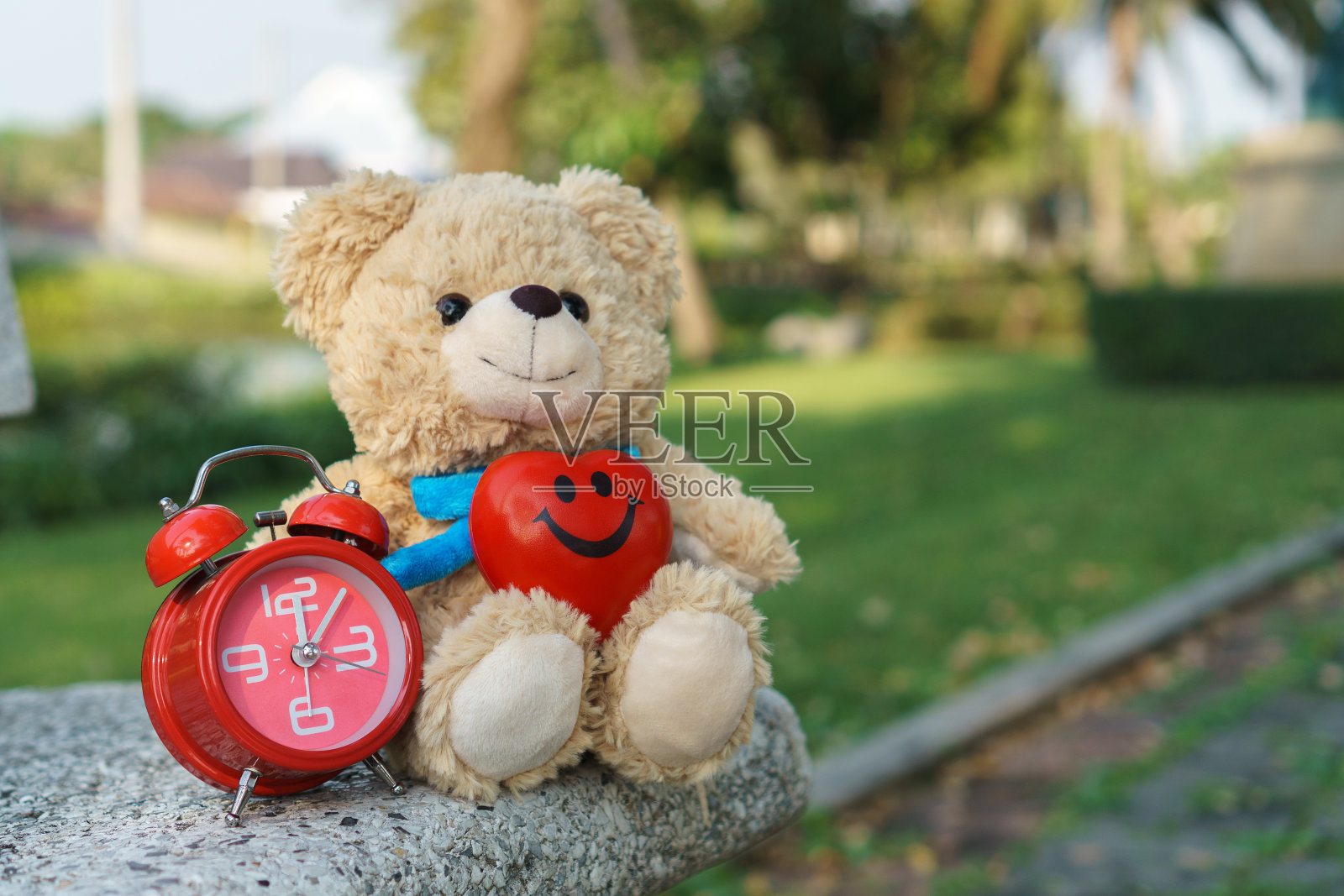 在公园里用棕熊和红心装饰情人节。照片摄影图片