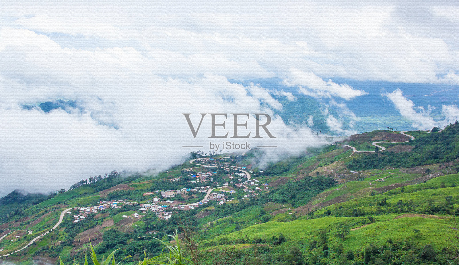 山在泰国。水彩滤纸纹理。照片摄影图片