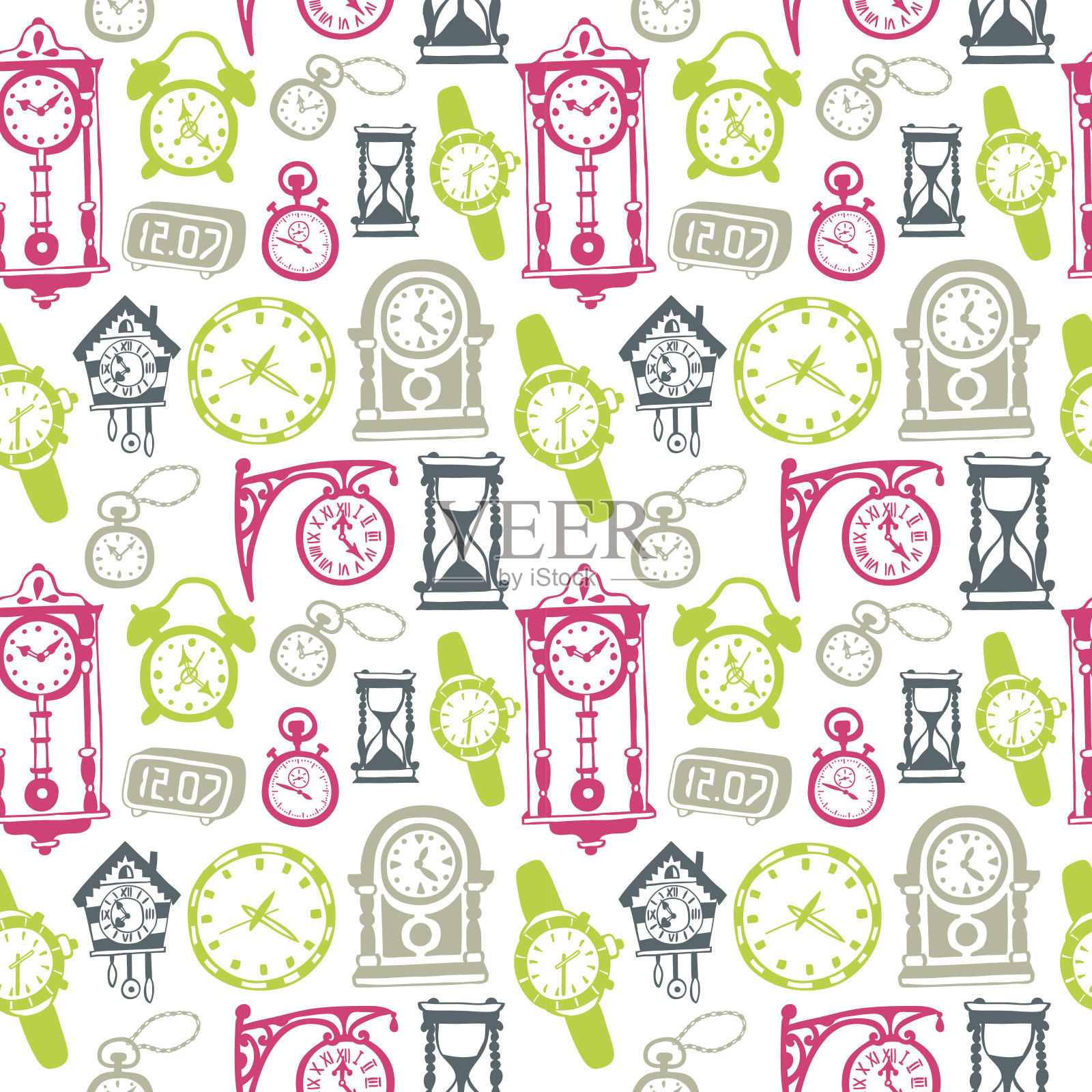 无缝图案与涂鸦手表和时钟插画图片素材